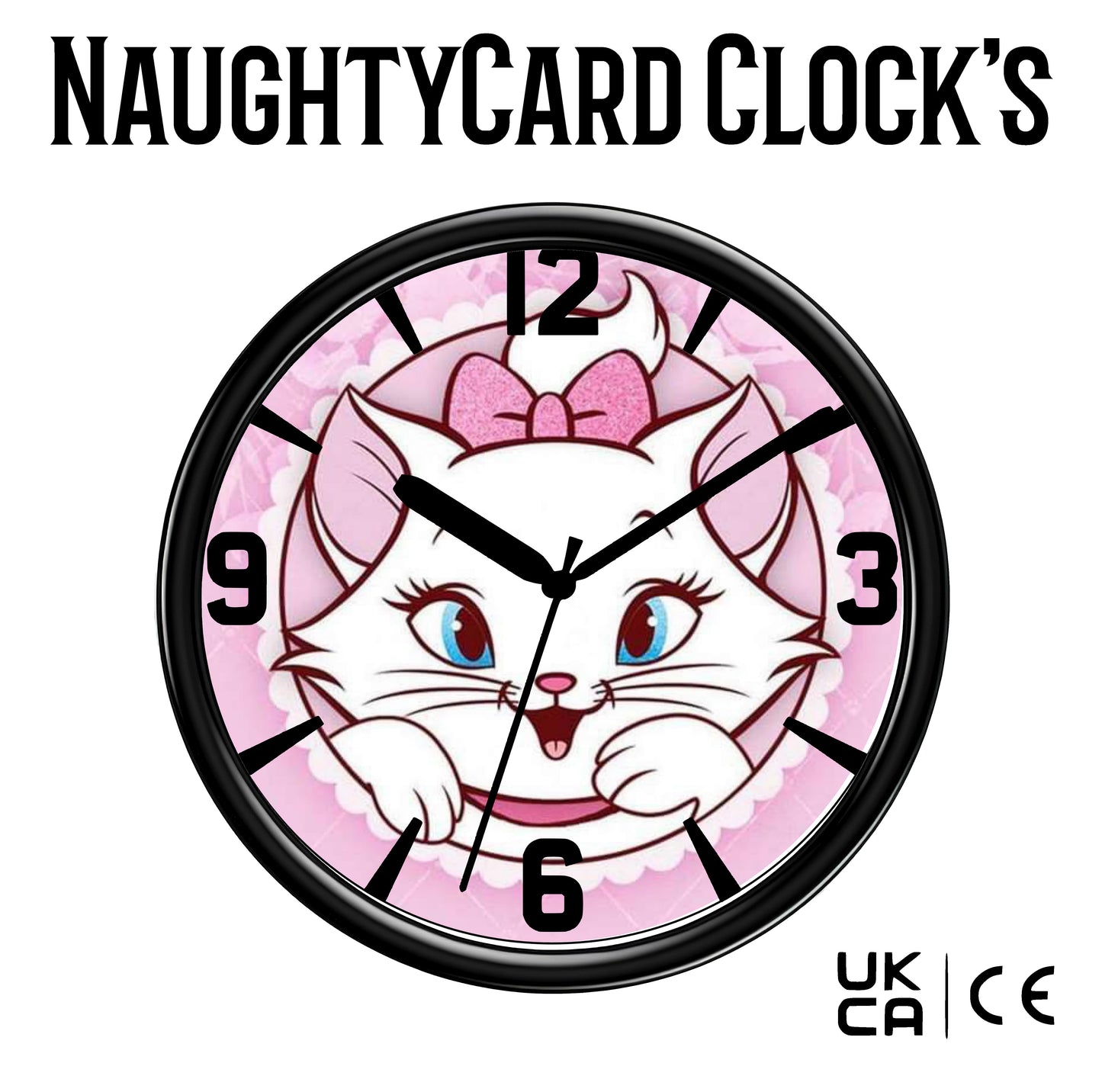 Clock with a cartoon cat design on a pink background, branded 'NaughtyCard Clocks'.