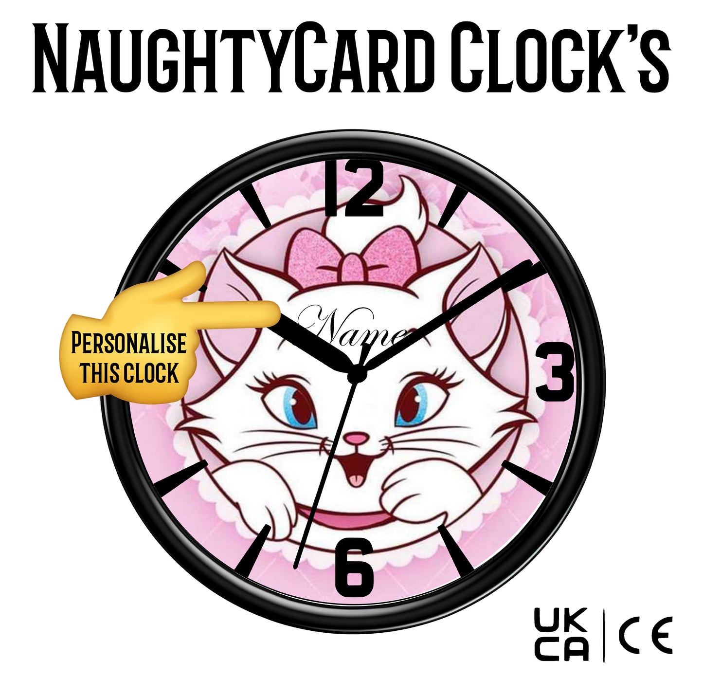 Clock with a cartoon cat design on a pink background, featuring the brand 'NaughtyCard Clocks'.