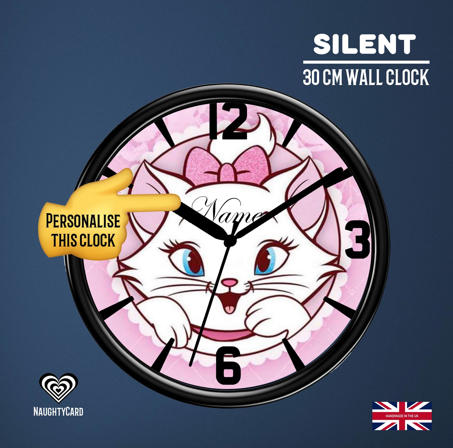 Wall clock with cartoon cat design on a blue background, featuring the brand 'NaughtyCard'.