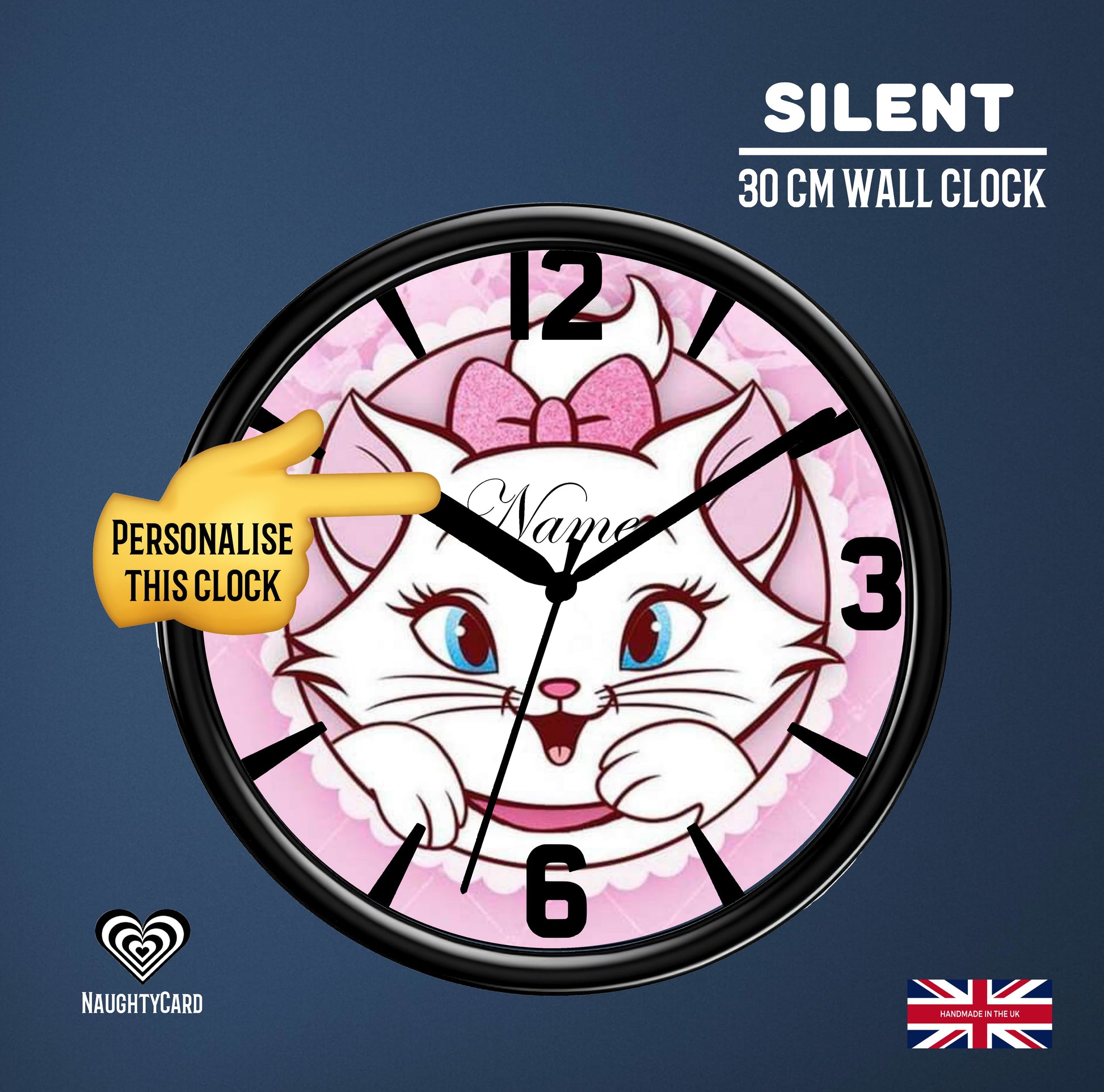 Wall clock with cartoon cat design on a blue background, featuring the brand 'NaughtyCard'.