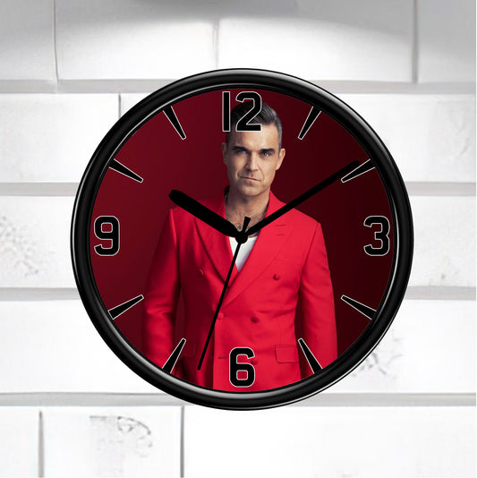 Robbie Williams Wall clock, black framed clock om a white brick wall background