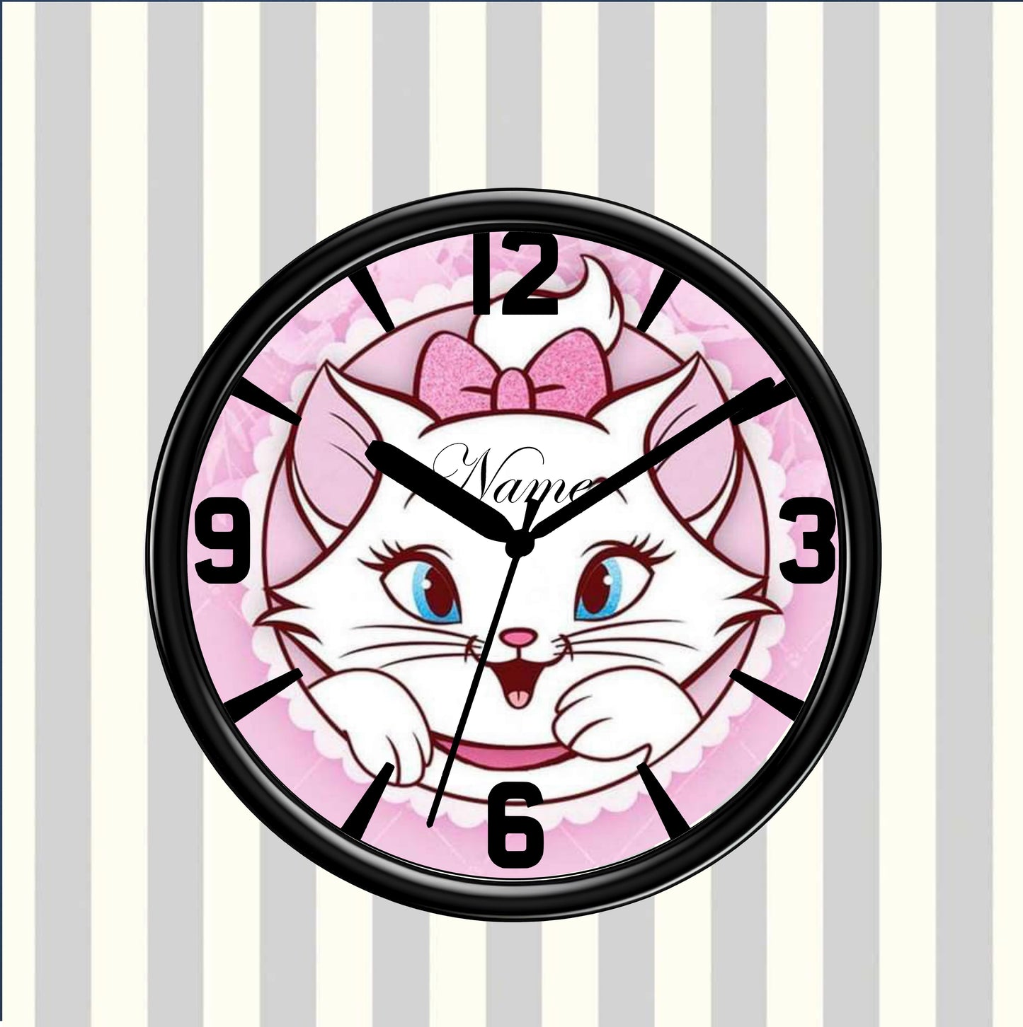 Cartoon cat clock with pink bow on a striped background