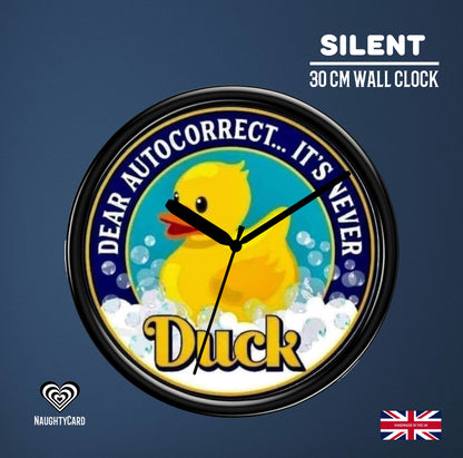 Wall clock with a duck design and humorous text on a blue background