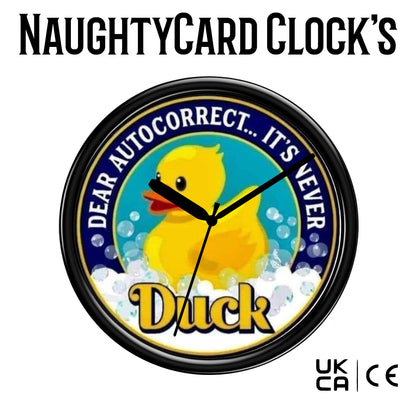 Wall clock with a rubber duck design and humorous text on a white background
