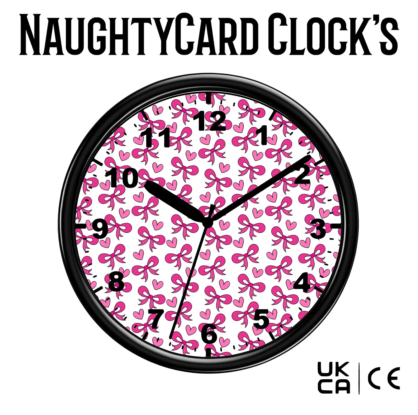 Wall clock with pink bow pattern on a white background Naughty Card Clocks