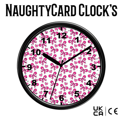 Wall clock with pink bow pattern on a white background Naughty Card Clocks