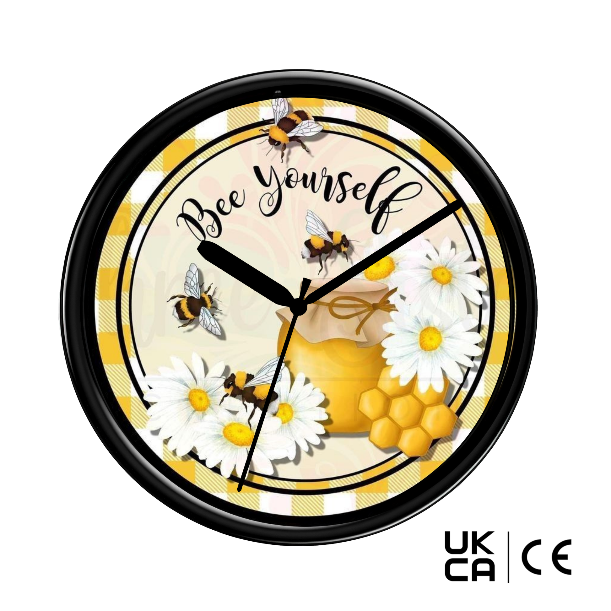 Wall clock with bee and daisy design, featuring the text 'Bee Yourself'.