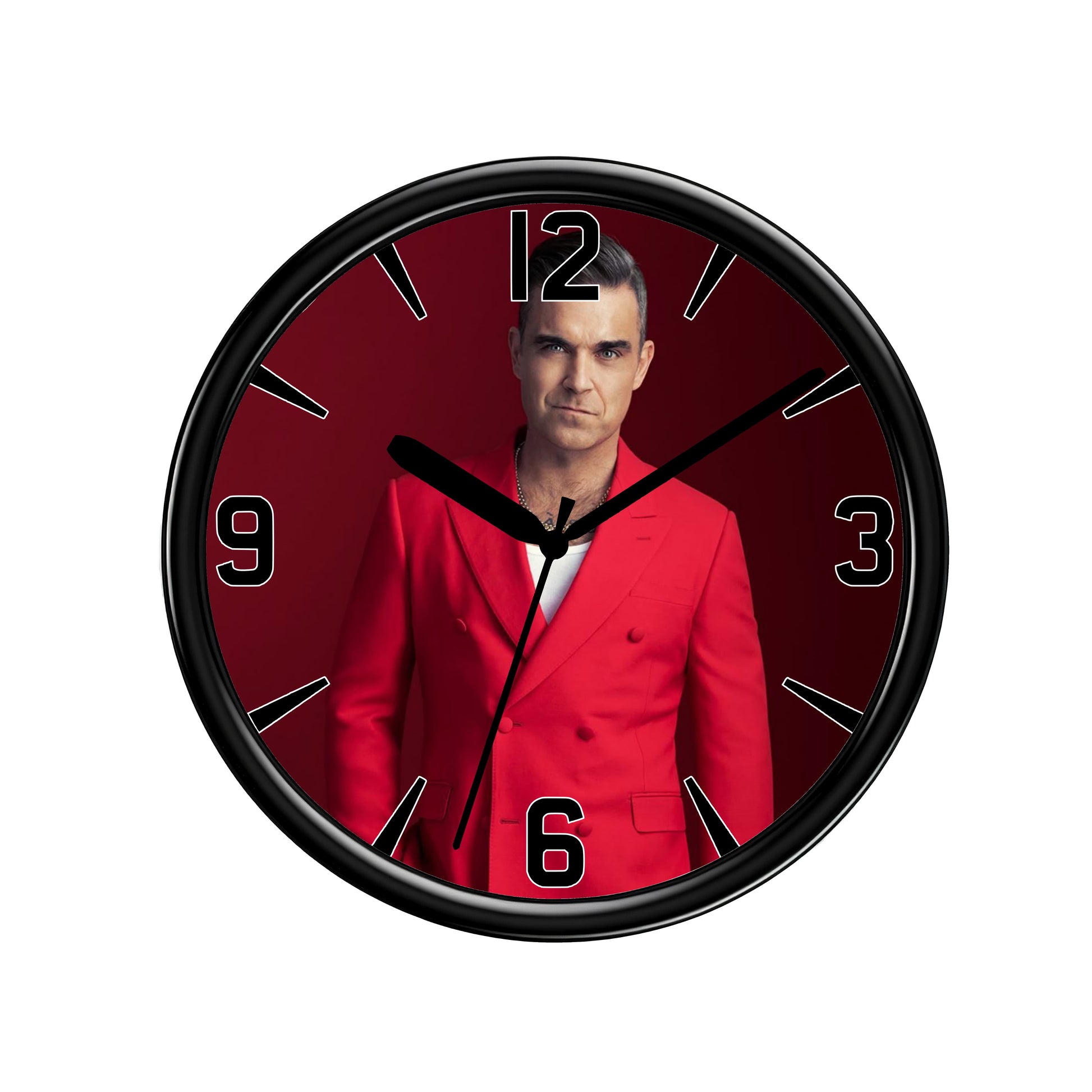 Robbie Williams Wall Clock, black clock on a white background showing front angel of product
