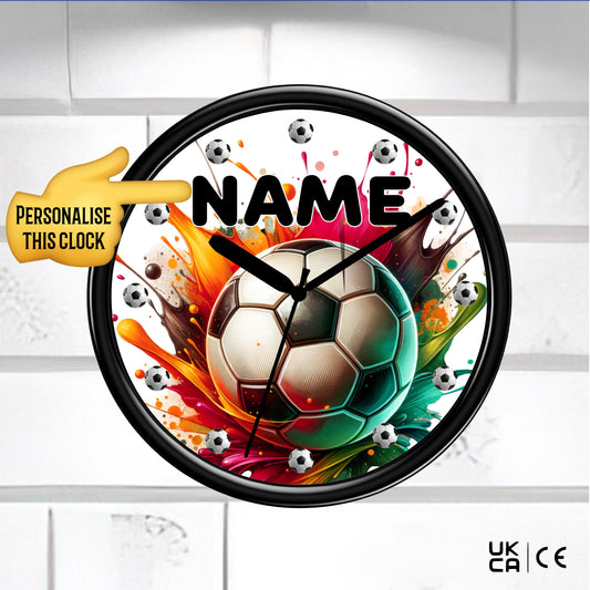 Football Fan Clock Personalised With Any Name, Black Clock on a white tile background
