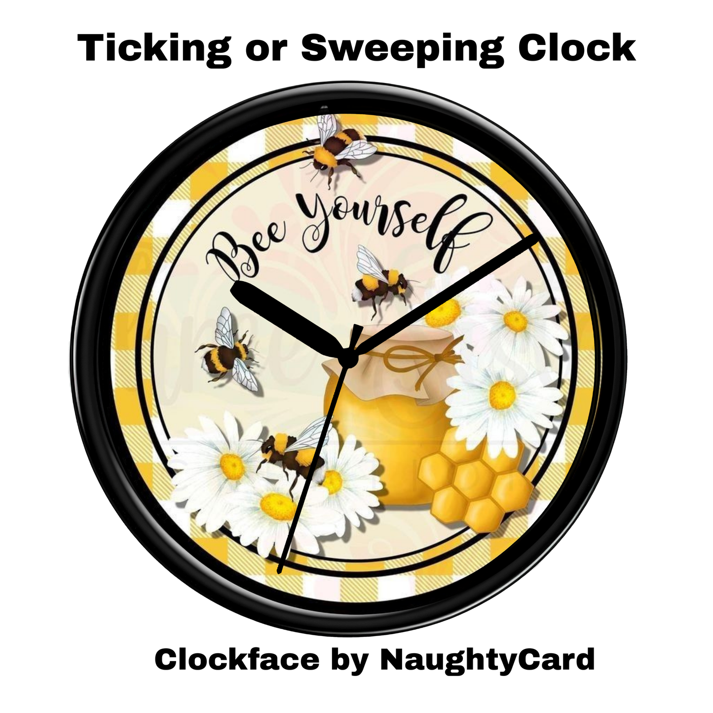 Decorative clock with bees, flowers, and a honeycomb design on a white background.