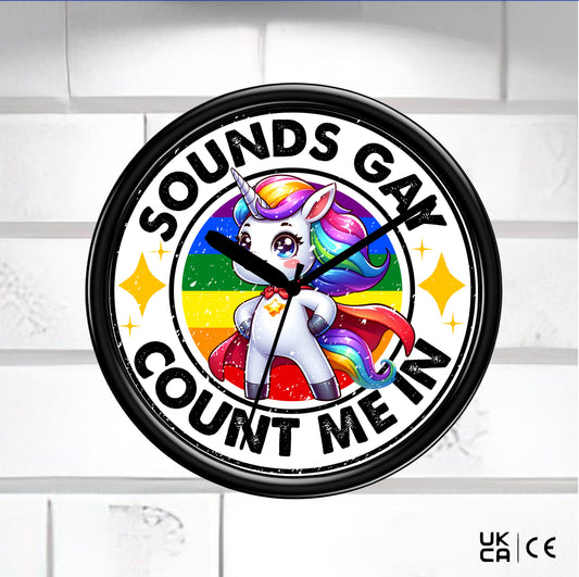 Gay Wall Clock - Black Clock on a white tiled background