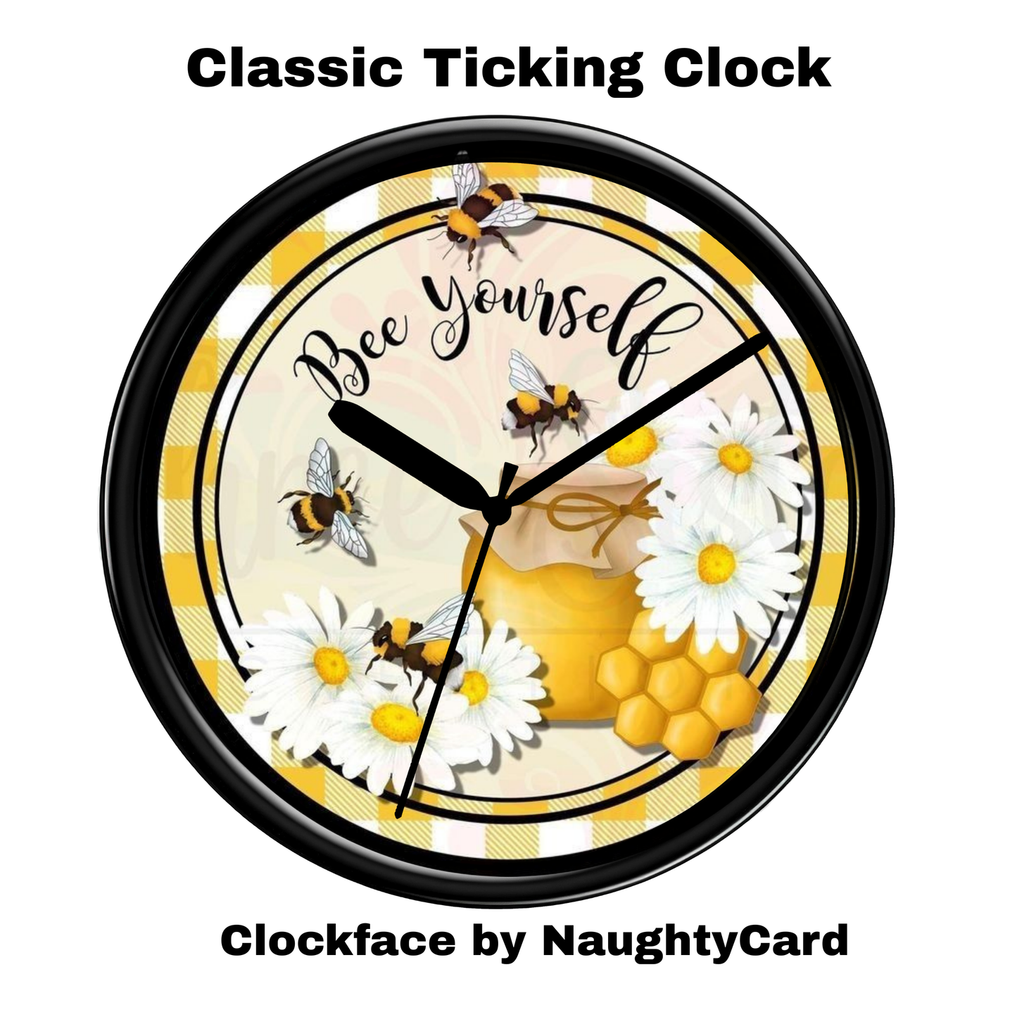 Decorative clock with bees, flowers, and a honeycomb design on a white background.