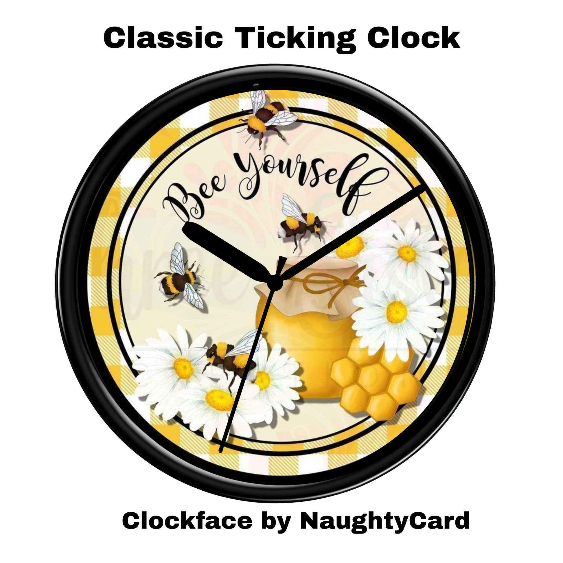 Decorative clock with bees, flowers, and a honeycomb design on a white background.