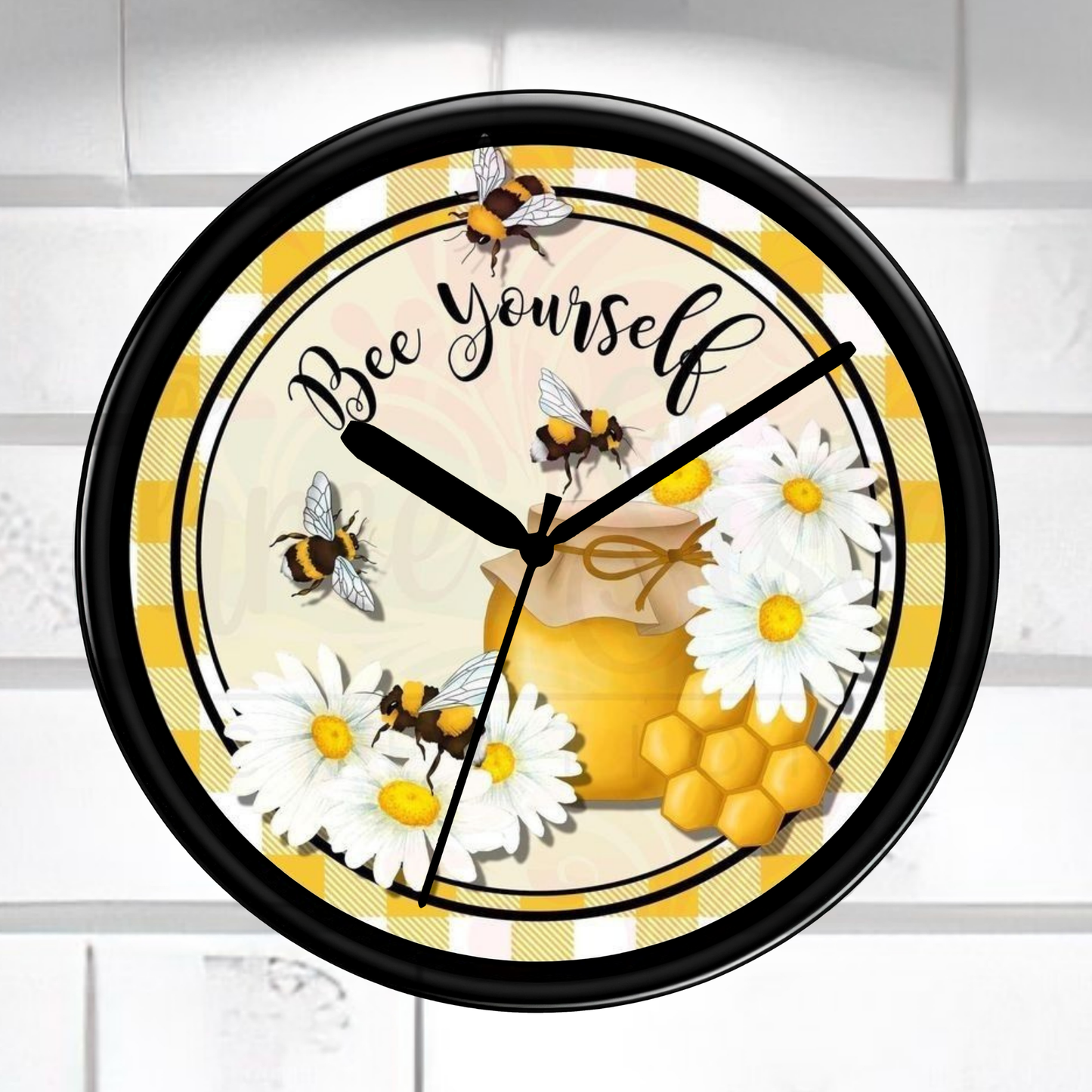 Decorative wall clock with bees, flowers, and 'Bee Yourself' text on a light background.