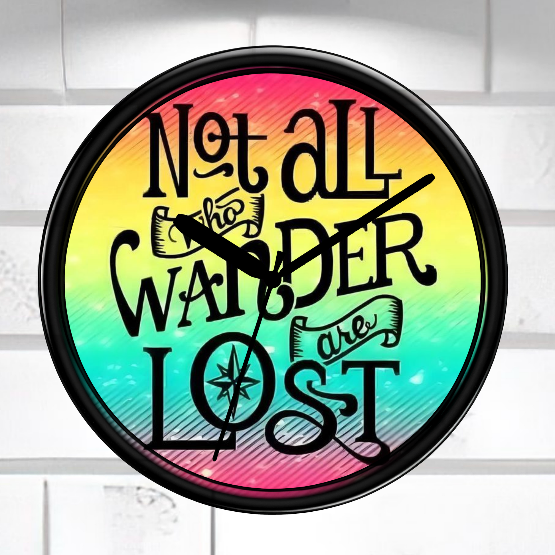 Round Wall Clock with 'Not all who wander are lost' text on a gradient background