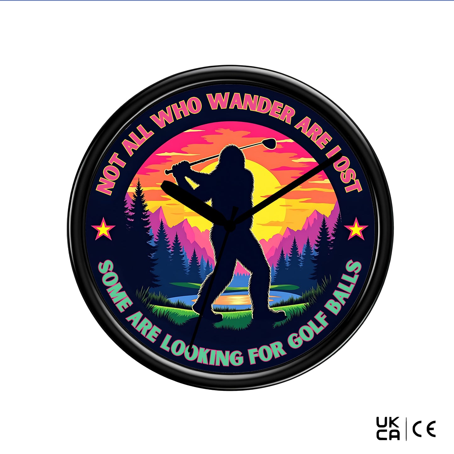 Round wall clock with a silhouette of a person playing golf against a sunset landscape, with text 'Not all who wander are lost. Some are looking for golf balls'.