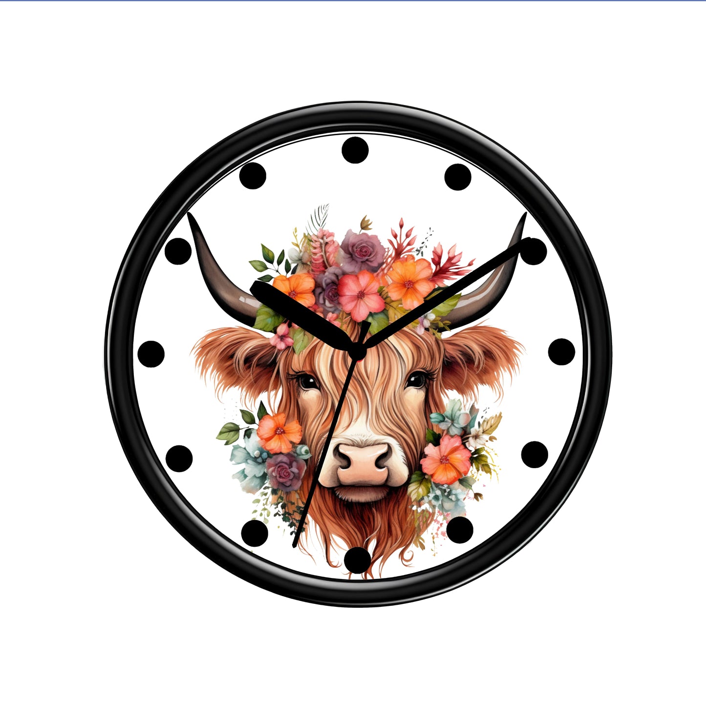 Highland Cow Black Plastic Wall Clock on plain white background