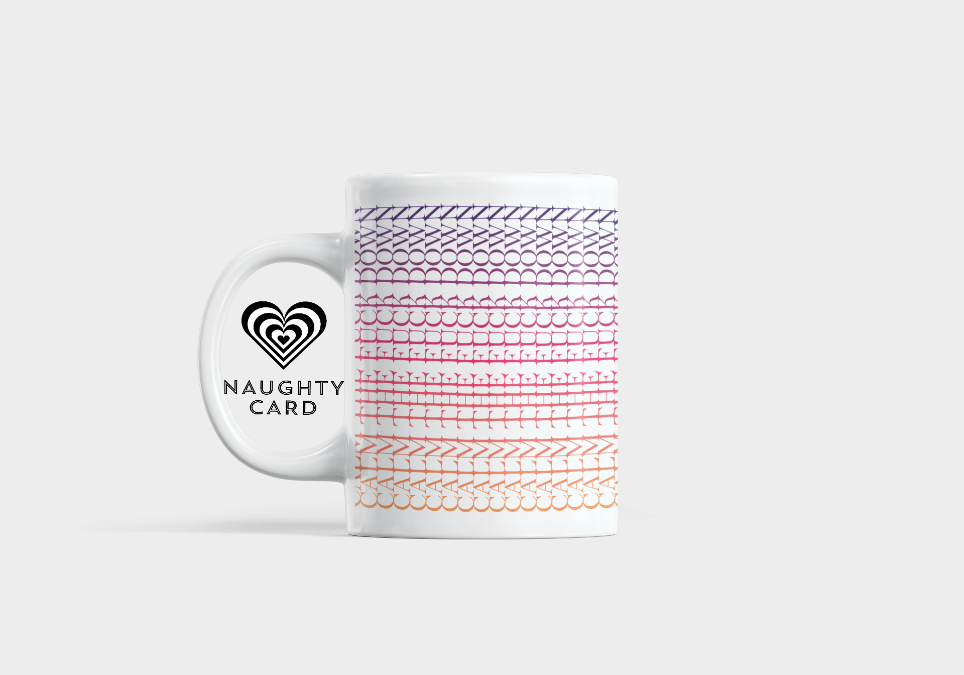 Mug with a patterned sleeve and 'Naughty Card' logo on a white background