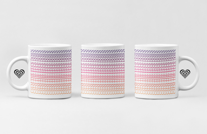 Three mugs with a patterned design and heart symbols on a white background