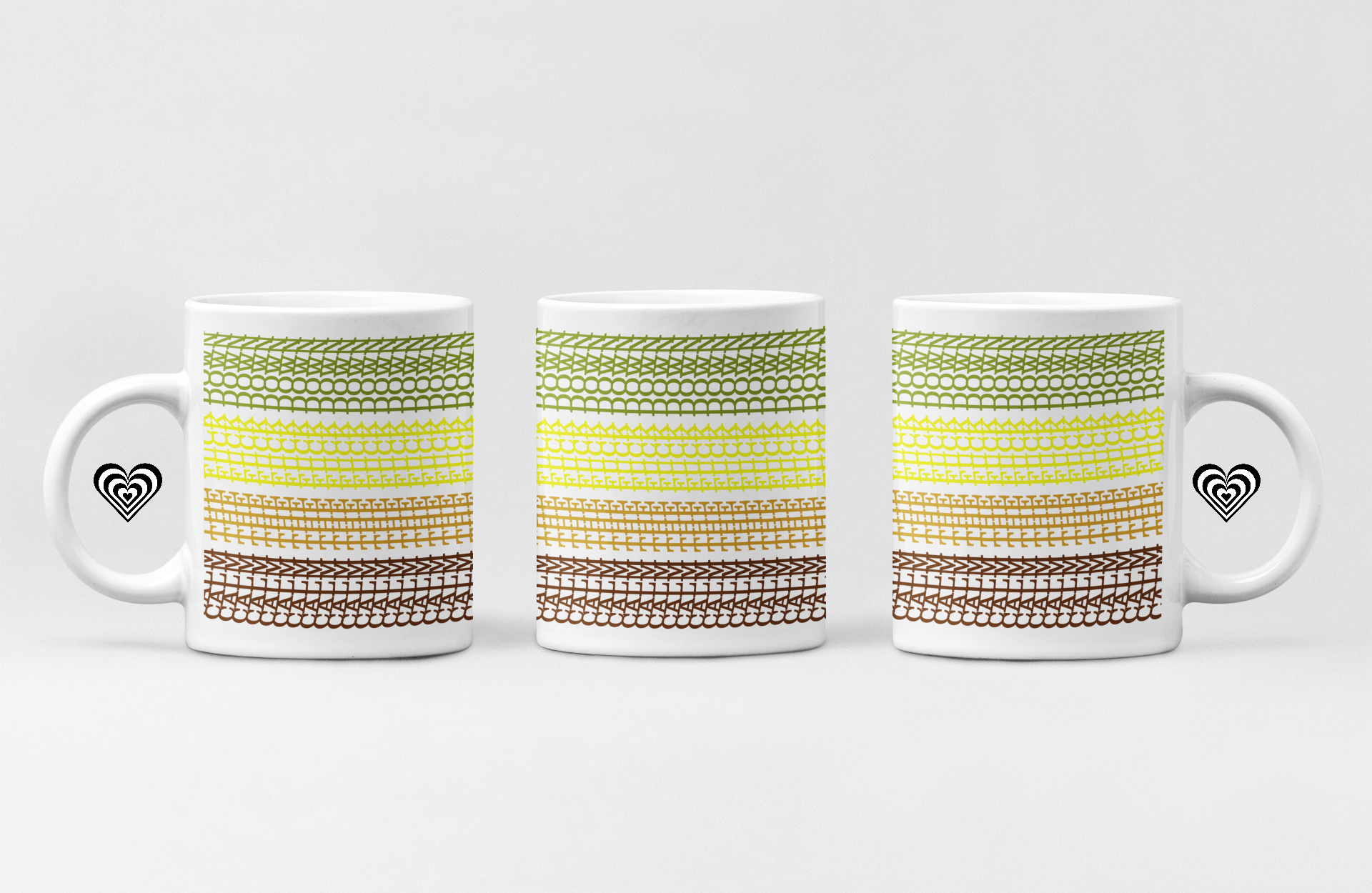 Three mugs with a striped pattern on a white background