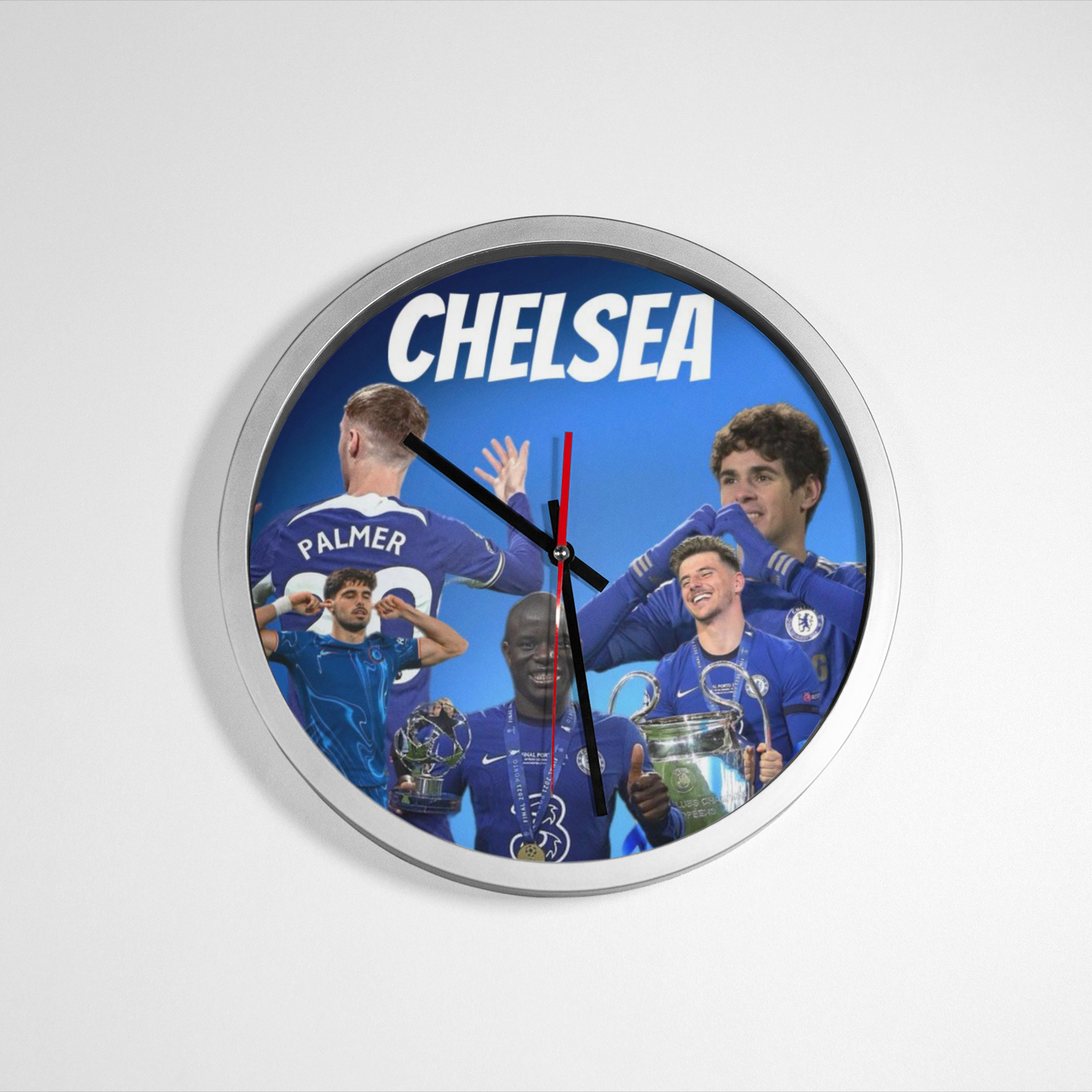 Wall clock with Chelsea football and player images on a blue background