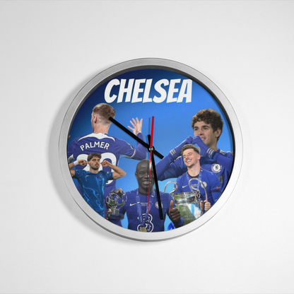 Wall clock with Chelsea football and player images on a blue background