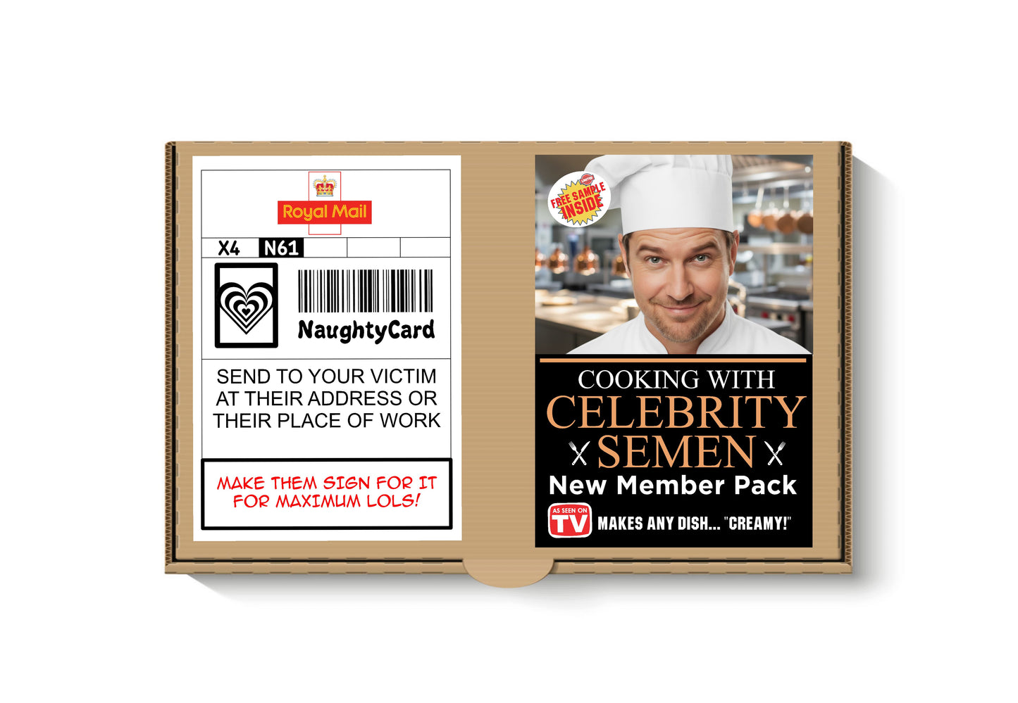 Cardboard packaging with humorous text and a chef's image on a white background. Cooking with Celeb Semen Anonymous Prank Mail Post