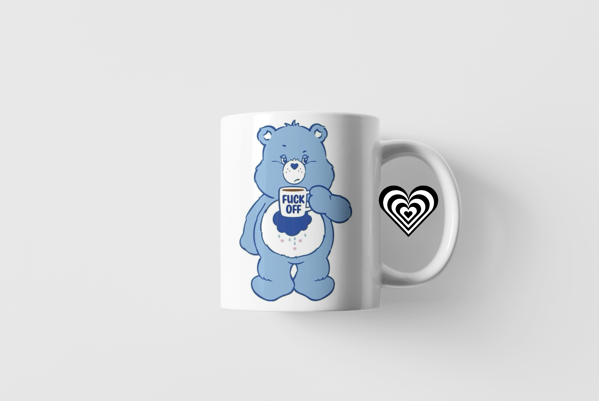 Mug with a blue bear design and text on a white background