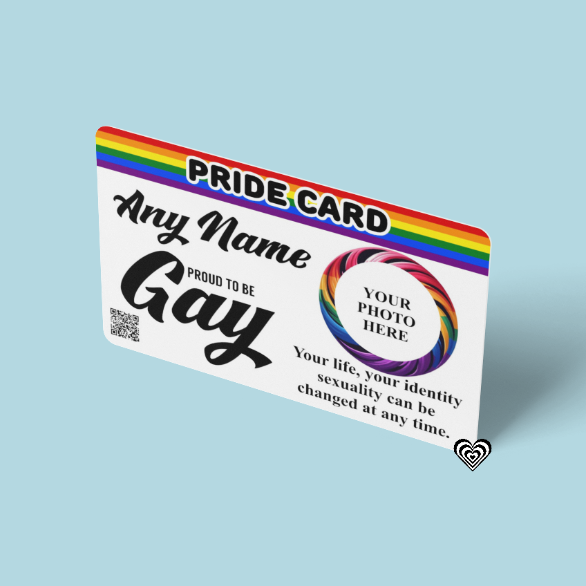 Pride card with rainbow design on a light blue background