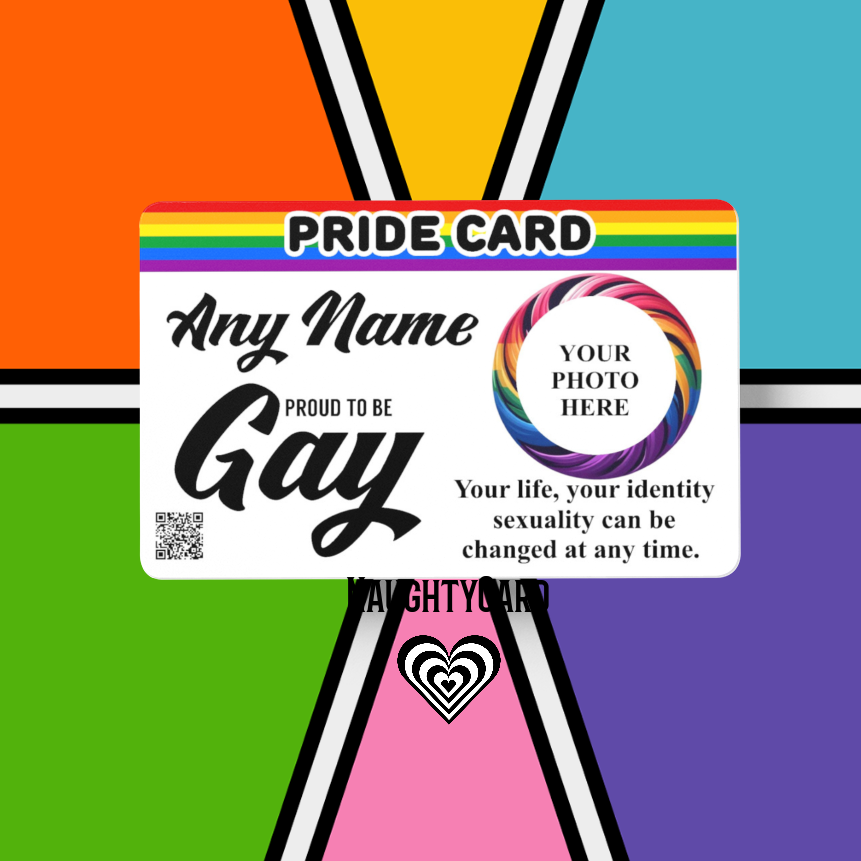 Pride card with customizable text on a colorful geometric background with stars.