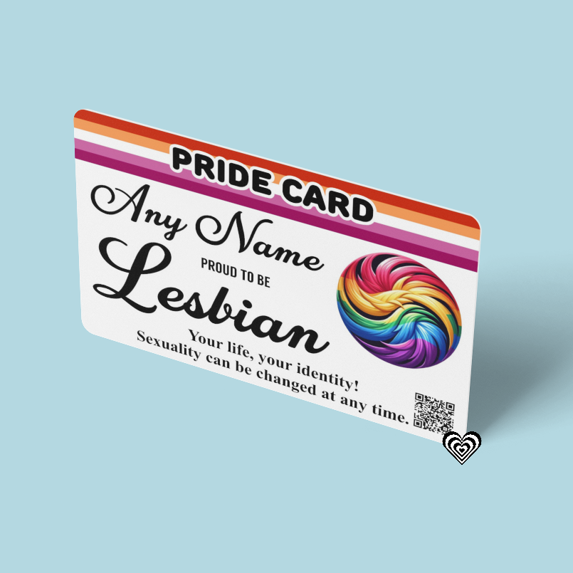 Lesbian membership Pride card with rainbow design on a light blue background