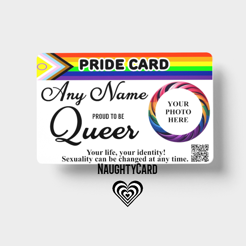 Queer Pride Membership  card with customizable name and photo area on a white background