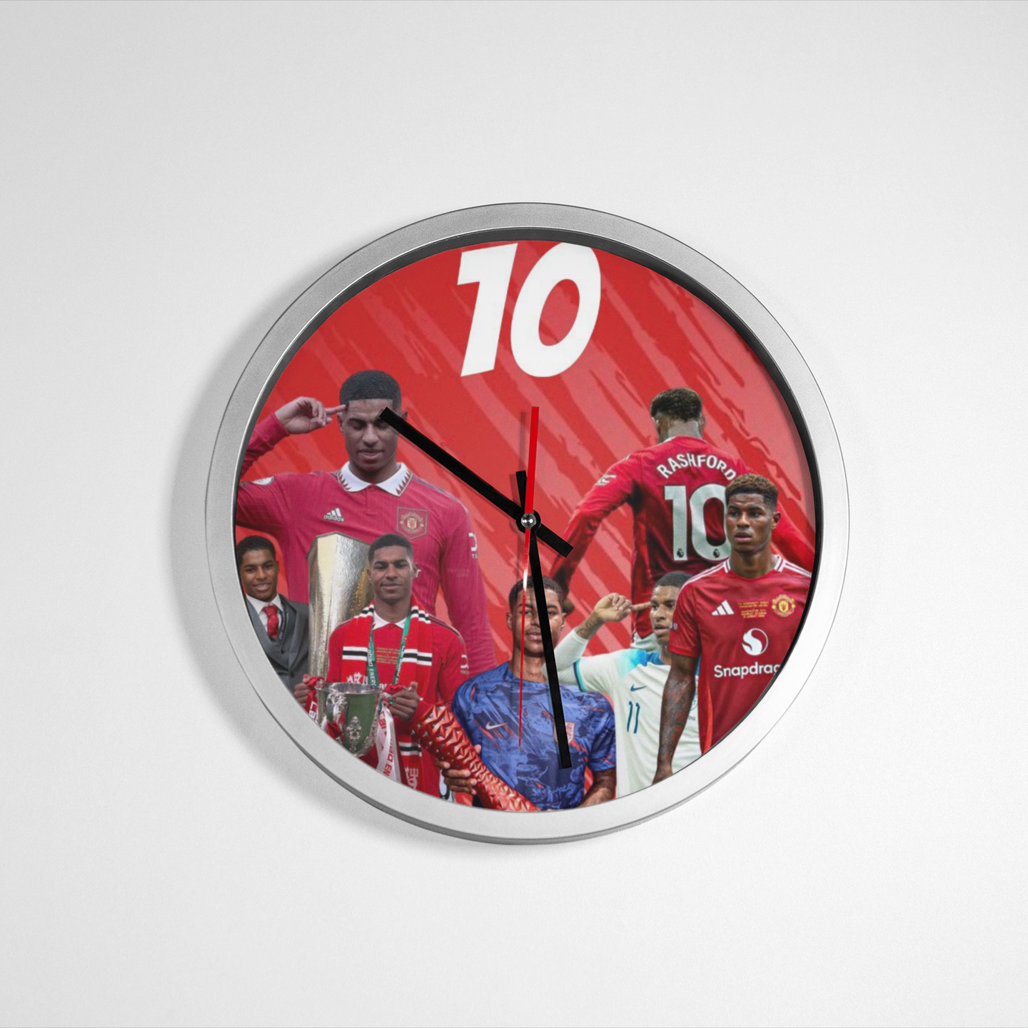 Wall clock with images of soccer player Markus Rashford and the number 10 on a red background