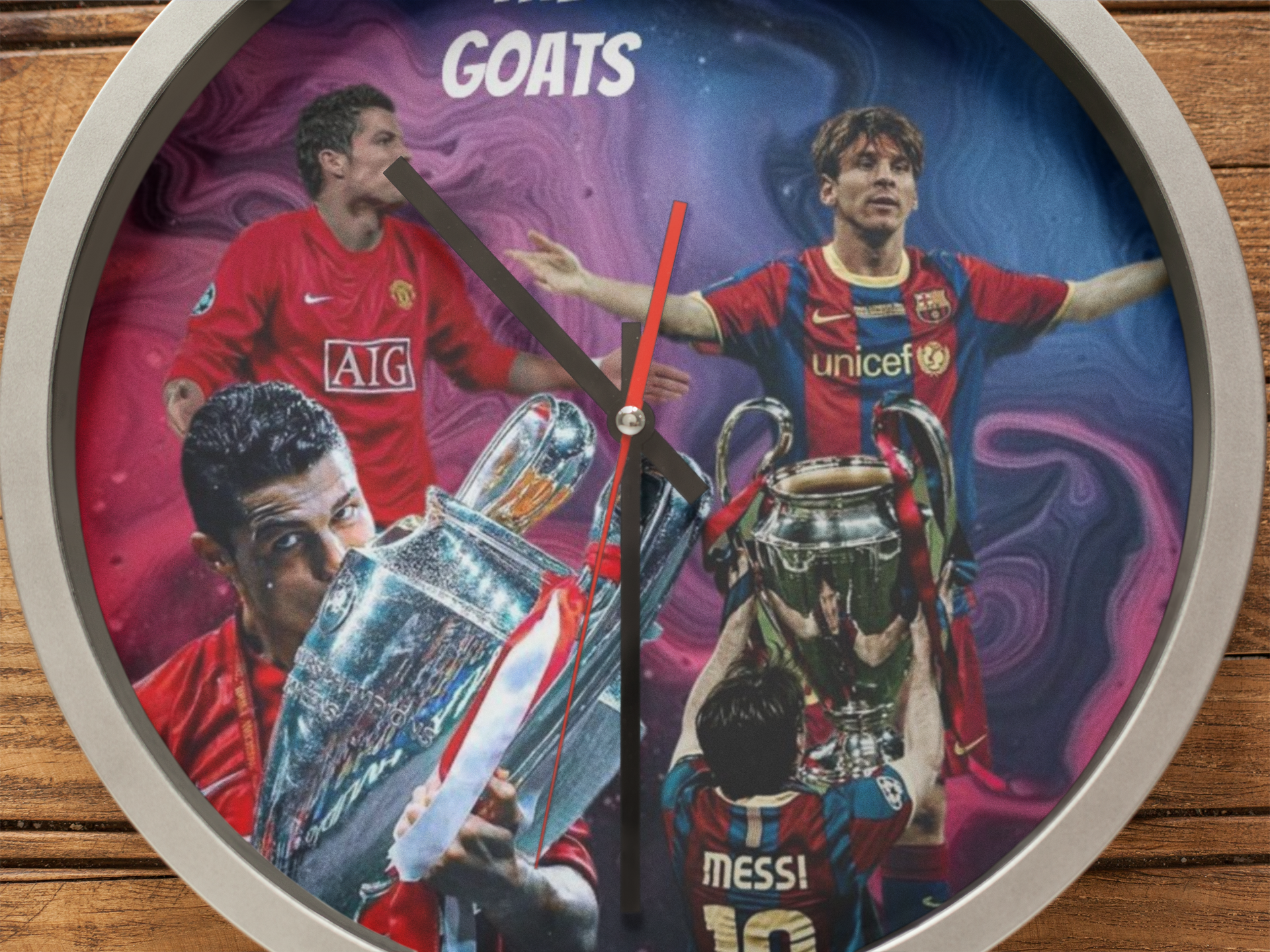 Wall clock with images of soccer players and trophies on a swirling background
