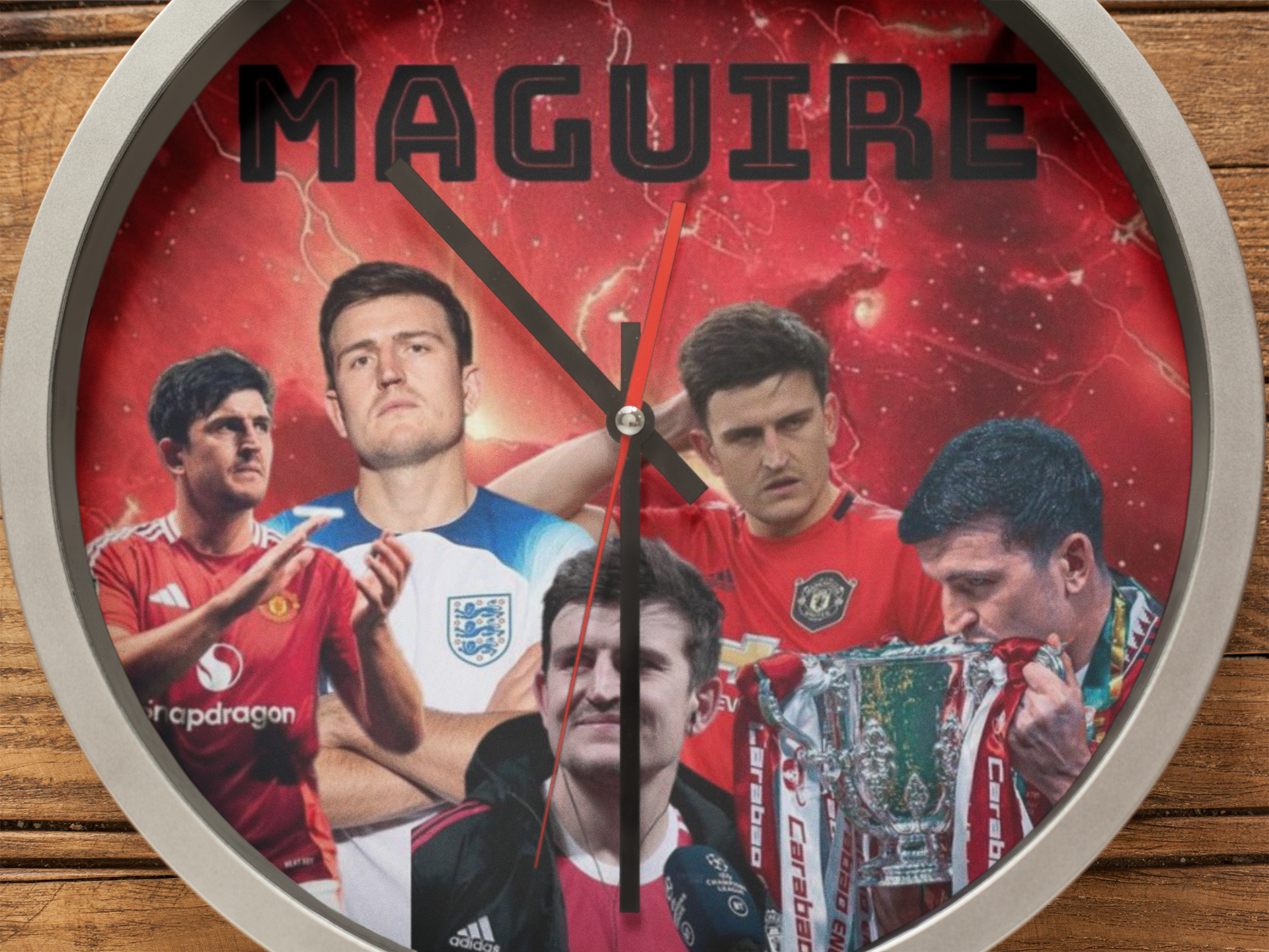 Wall clock with images of Harry Maguire and the name 'Maguire' on a red background.