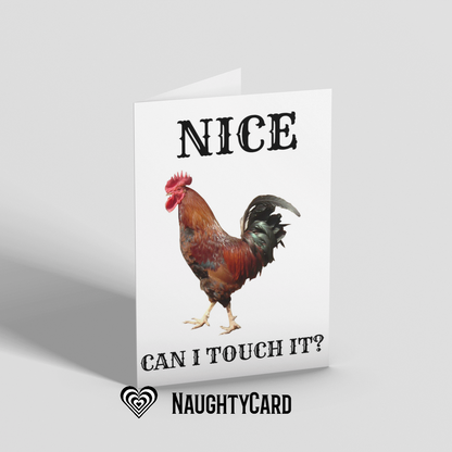 Birthday Card with a rooster illustration and text on a gray background