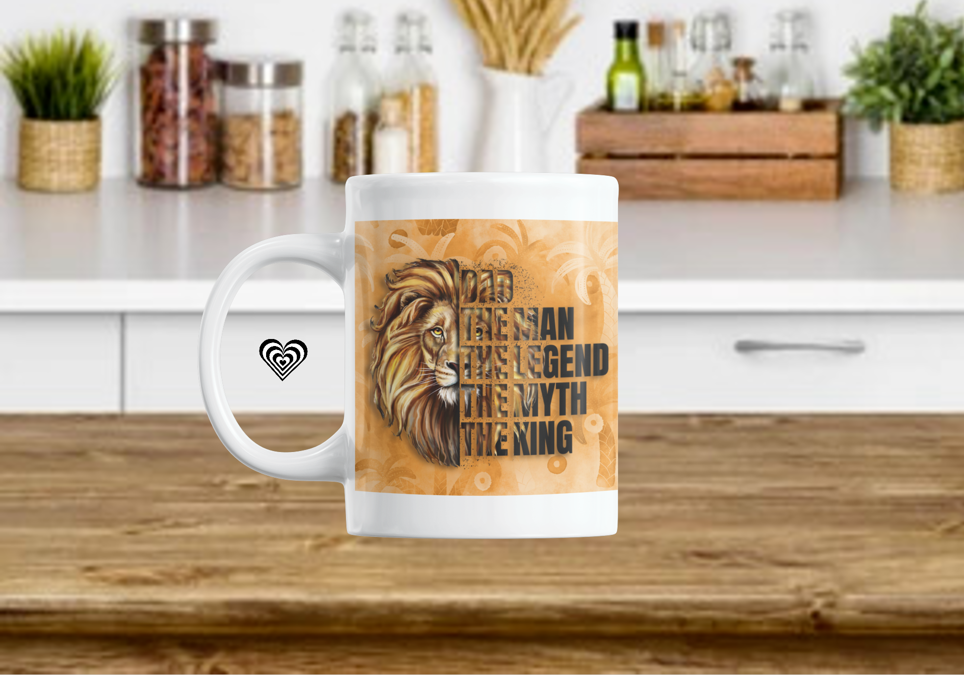 Fathers Day Mug Dad The Man The Myth The Legend - Lion Mug on a kitchen worktop