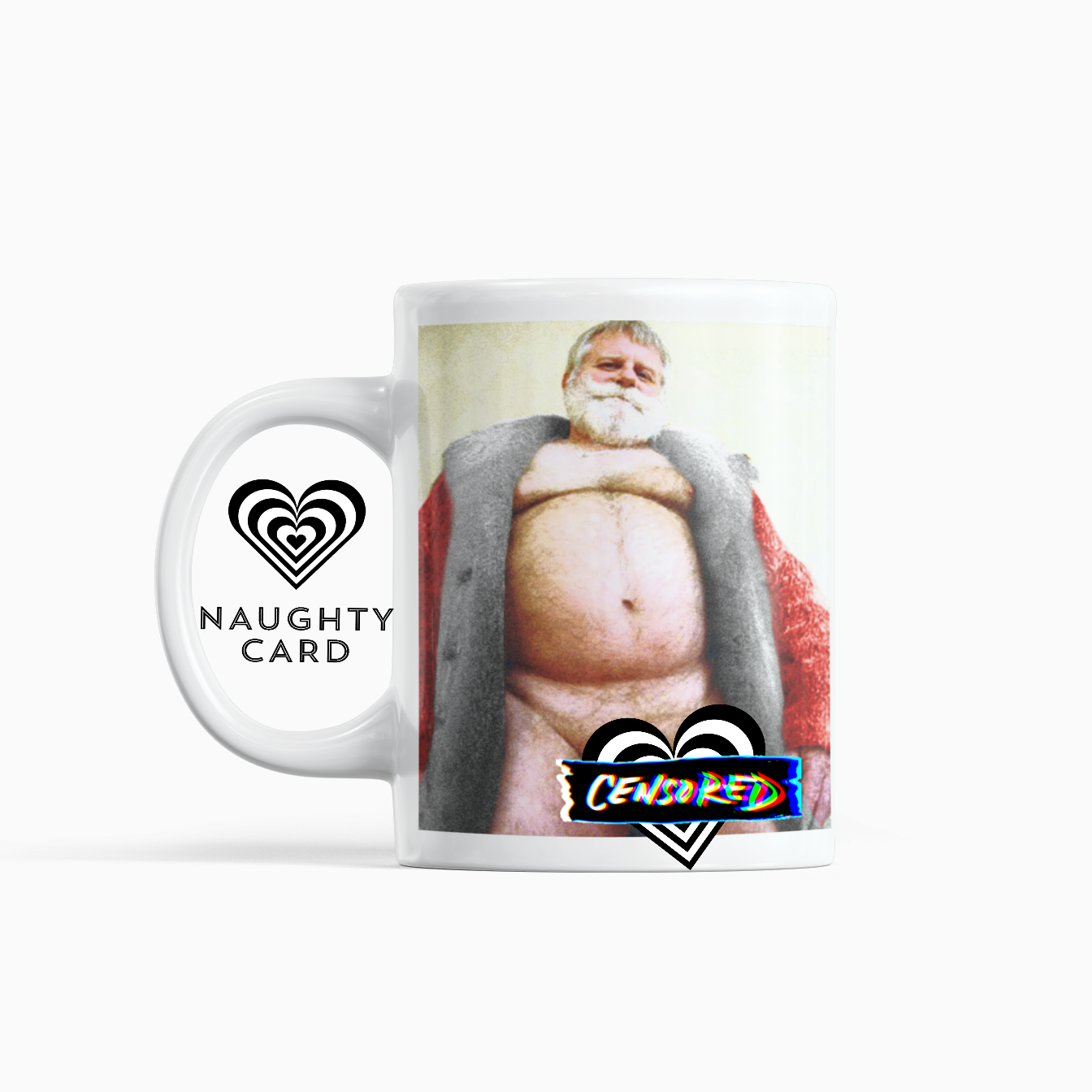 Mug with a graphic design featuring a person in a santa robe and text on a white background