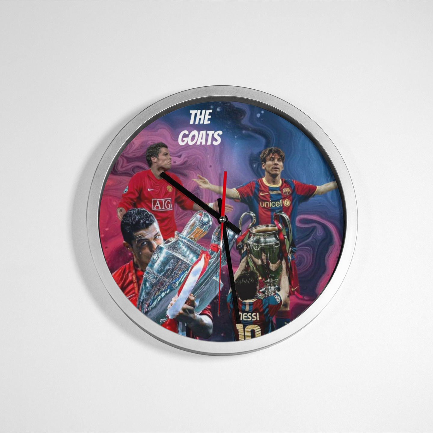 Wall clock with images of football players and a trophy on a white background