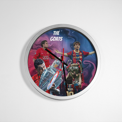 Wall clock with images of football players and a trophy on a white background