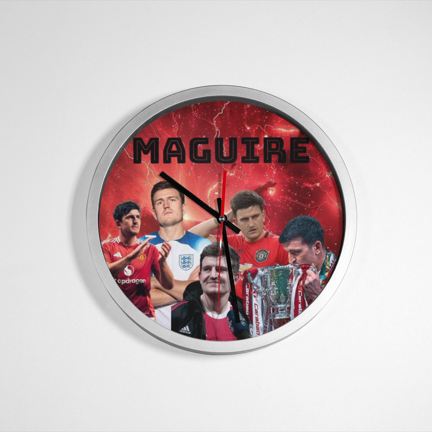 Wall clock with images of a soccer player Harry Maguire and the name 'Maguire' on a red background.