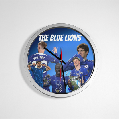 Wall clock with 'The Blue Lions' text and images of Football Players in blue uniforms on a white background