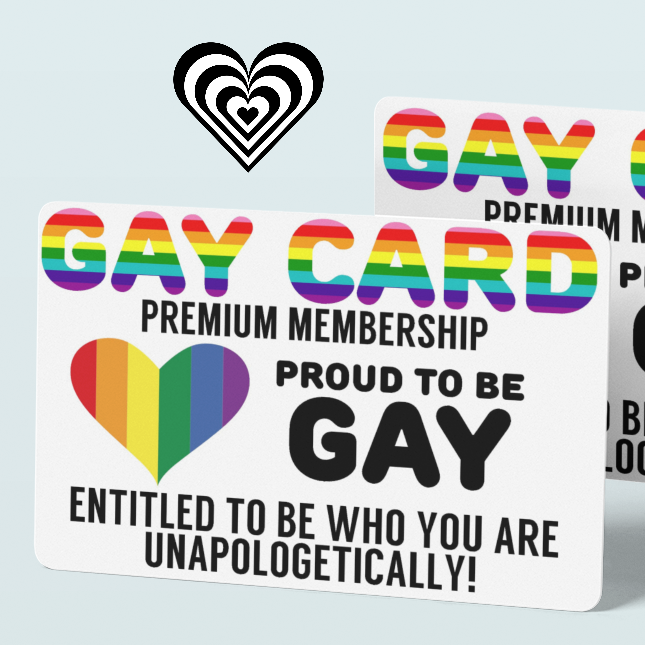Two cards with rainbow designs and text, labeled 'Gay Card' on a light gray background.