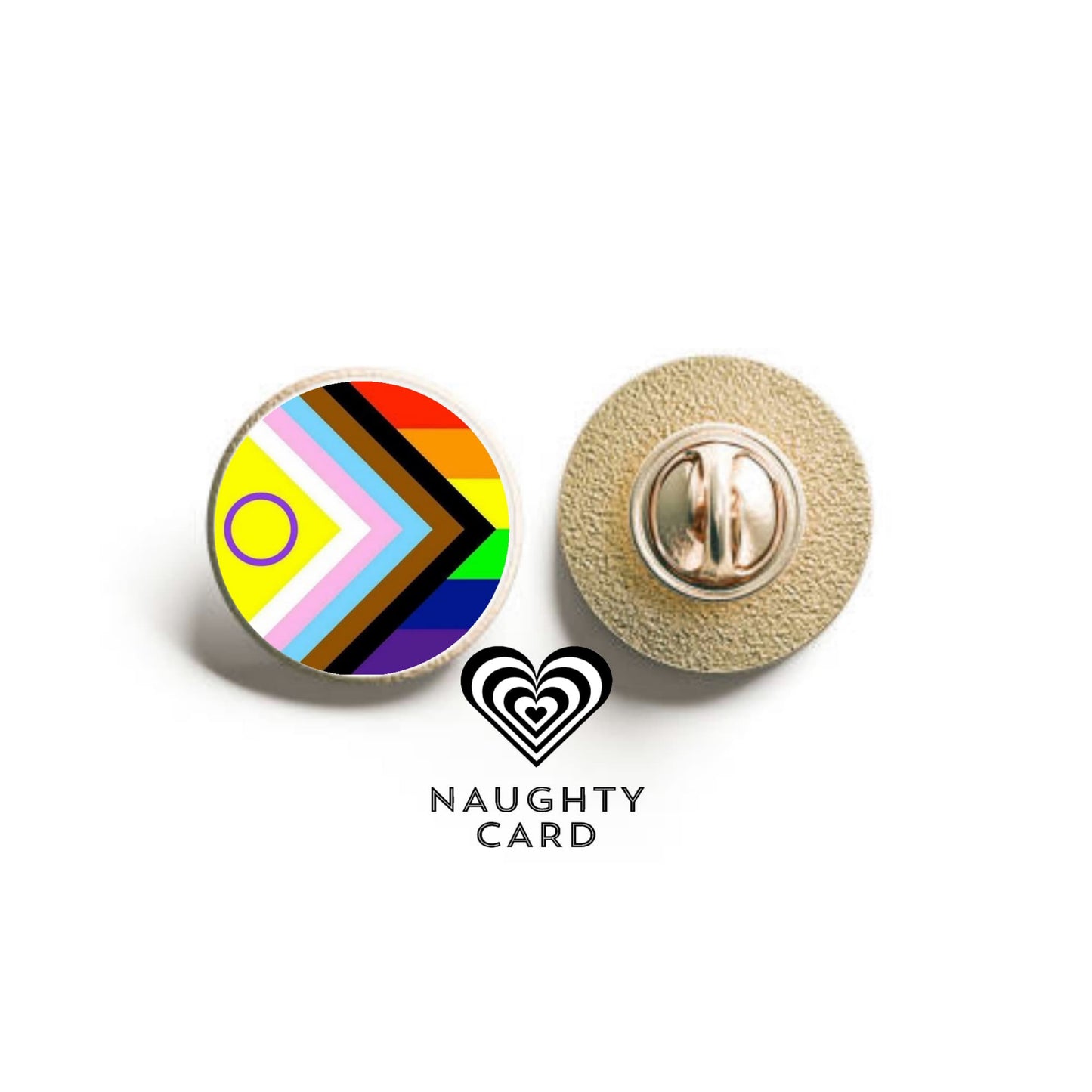 Two pins, one with a Progress Pride rainbow design and the other gold, on a white background with 'Naughty Card' branding.