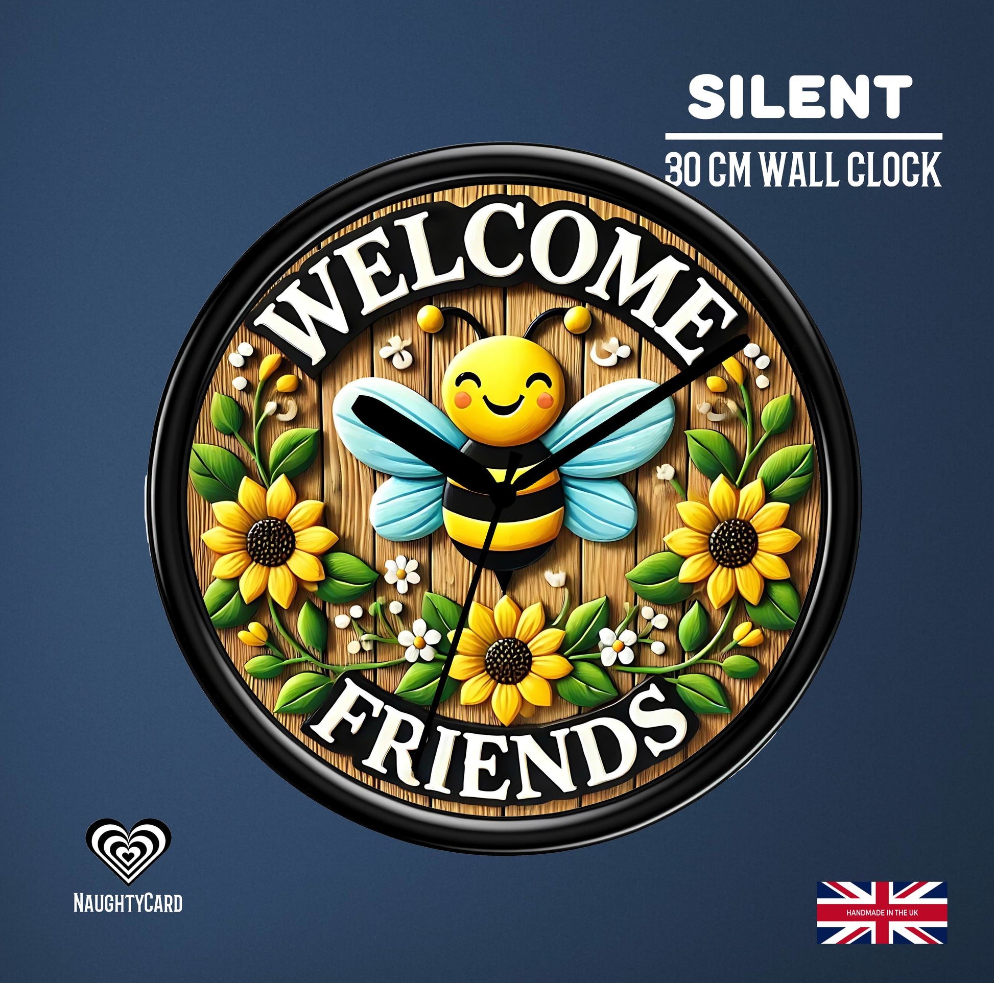 Wall clock with bee design and 'Welcome Friends' text on a blue background