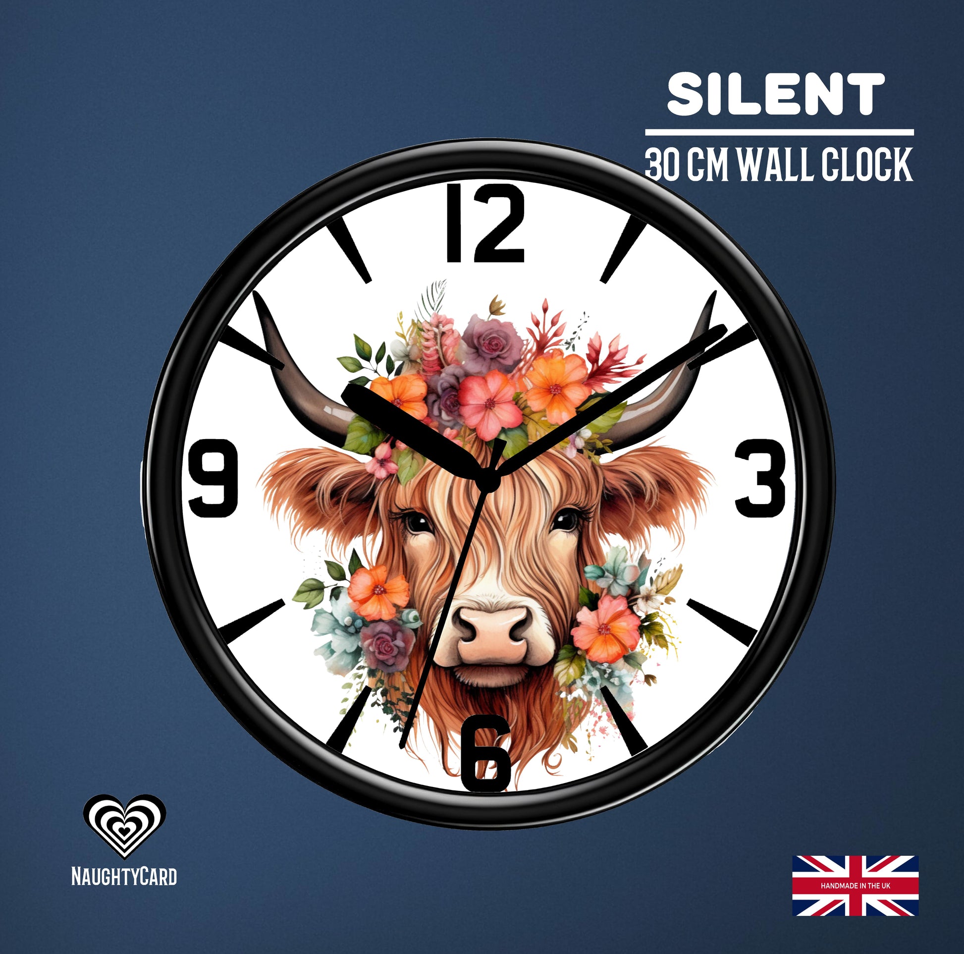 Wall clock with a Highland cow design and floral elements on a blue background