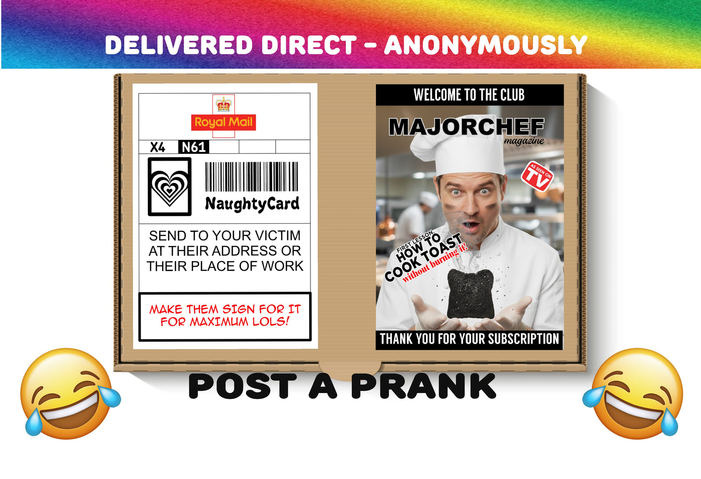Major Chef prank mailer, brown box with a chef holding a piece of burnt toast and the text "how to cook toast"