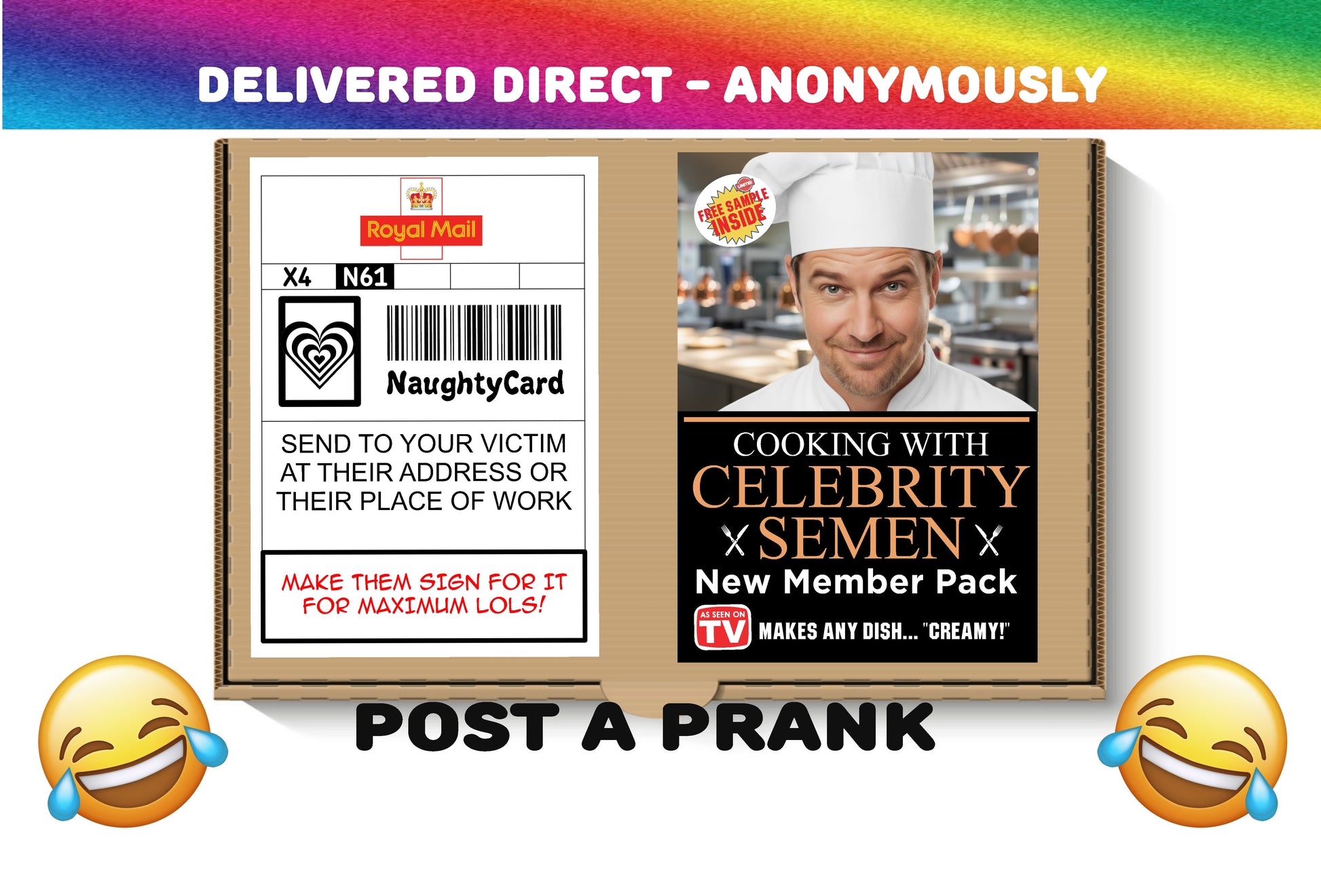Cooking with celebrity semen anonymous prank mailer. Image shows the product with a celebrity chef