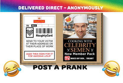Cooking with celebrity semen anonymous prank mailer. Image shows the product with a celebrity chef