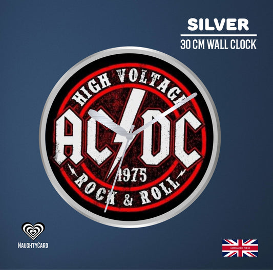 AC/DC wall clock with 'High Voltage Rock & Roll' design on a blue background